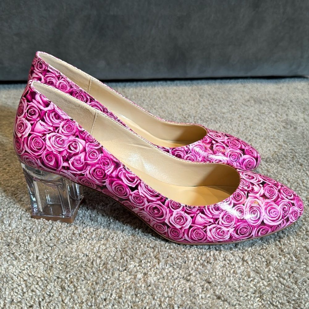 Reindee Lusion Pink Roses Transparent Block Mid Heel Round Toe Size 9.5 NEW